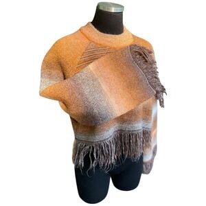 Zara Sweater M Fringe Crop Striped Pullover Wide Sleeve Orange Brown Fall Boho